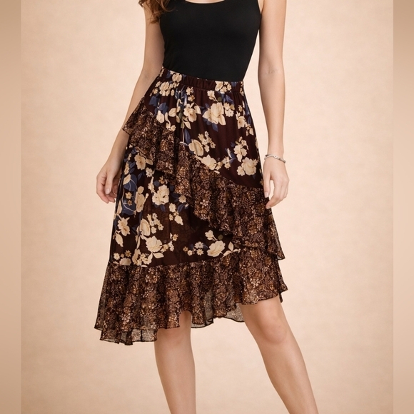 Mossimo Supply Co. Dresses & Skirts - MOSSIMO Maroon Floral Ruffle Assymetric Boho Midi Skirt